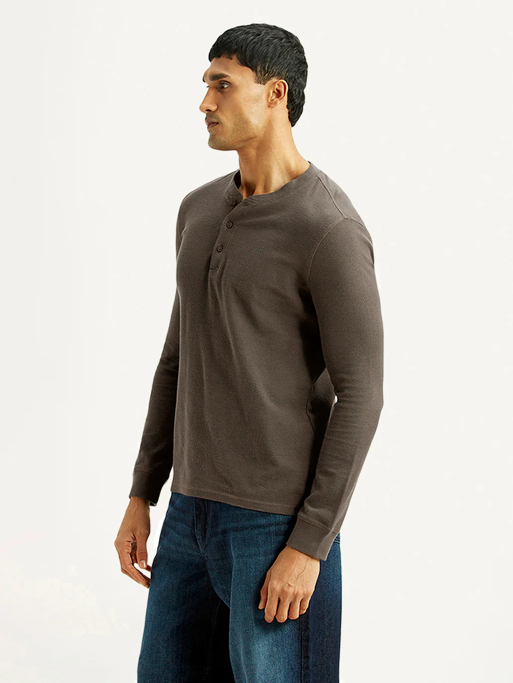 Men's Solid Brown Henley Neck T-shirt - Image 3
