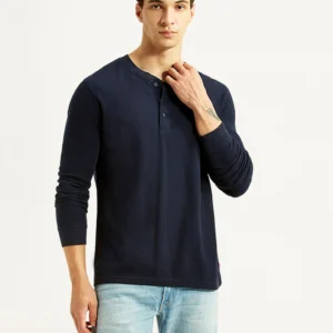 Men's Solid Navy Henley Neck T-shirt