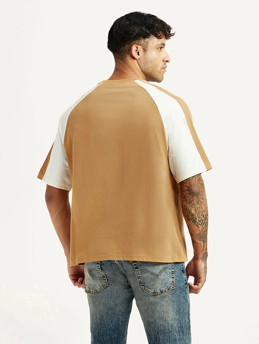 Men's Colorblock Tan Loose Fit T-shirt - Image 4