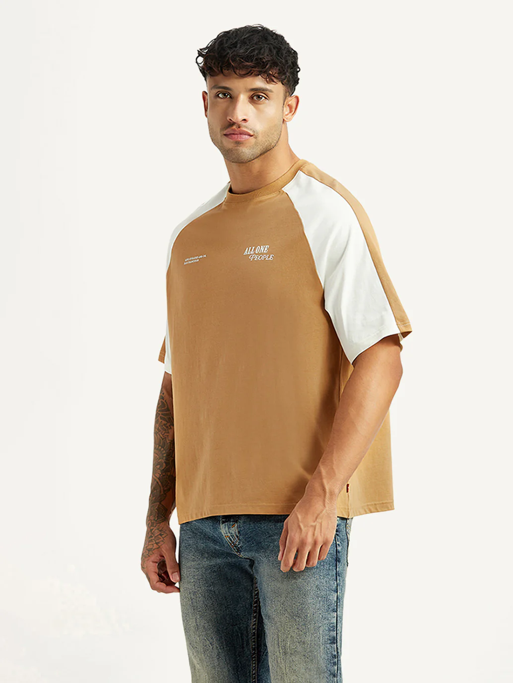 Men's Colorblock Tan Loose Fit T-shirt - Image 3