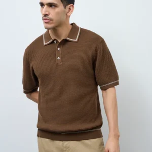 Velvora Crest Tan Knit-Textured Relaxed-Fit Cotton-Blend Polo T-Shirt