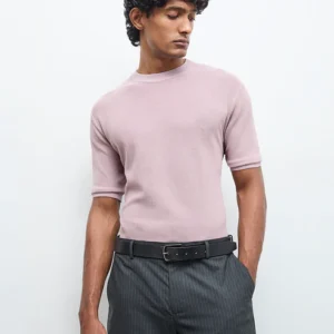 Velvora Crest Formals Dusty Pink Knitted Slim-Fit T-Shirt