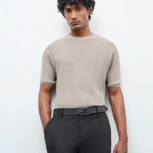 Velvora Crest Formals Taupe Knitted Slim-Fit T-Shirt