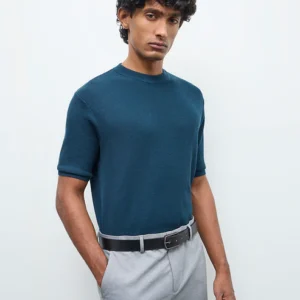 Velvora Crest Formals Teal Knitted Slim-Fit T-Shirt