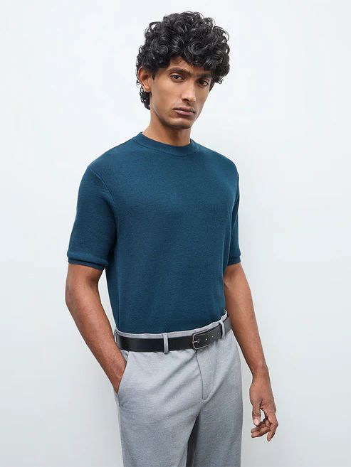 velvora-crest-formals-teal-knitted-slim-fit-t-shirt