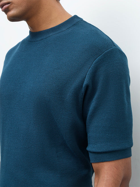 Velvora Crest Formals Teal Knitted Slim-Fit T-Shirt - Image 3