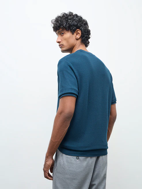 Velvora Crest Formals Teal Knitted Slim-Fit T-Shirt - Image 4