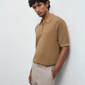 Velvora Crest Tan Relaxed-Fit Cotton Quarter-Zip Polo T-Shirt