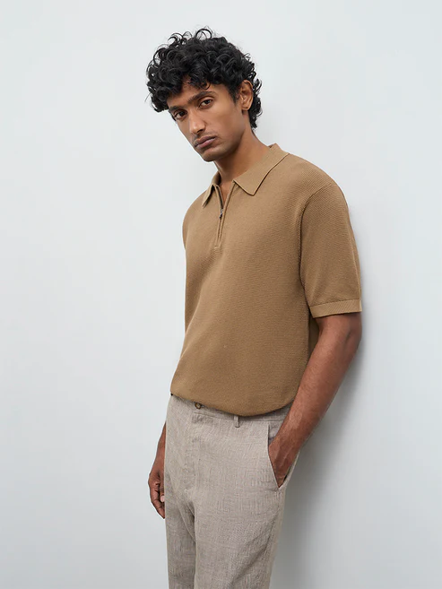 velvora-crest-tan-relaxed-fit-cotton-quarter-zip-polo-t-shirt
