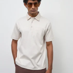 Velvora Crest Light Beige Striped Relaxed-Fit Cotton Polo T-Shirt
