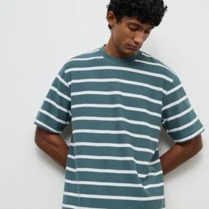 Velvora Crest Teal Striped Relaxed-Fit Cotton T-Shirt