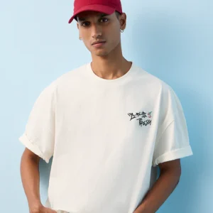 velvora crest Off-White Printed Relaxed-Fit Cotton T-Shirt